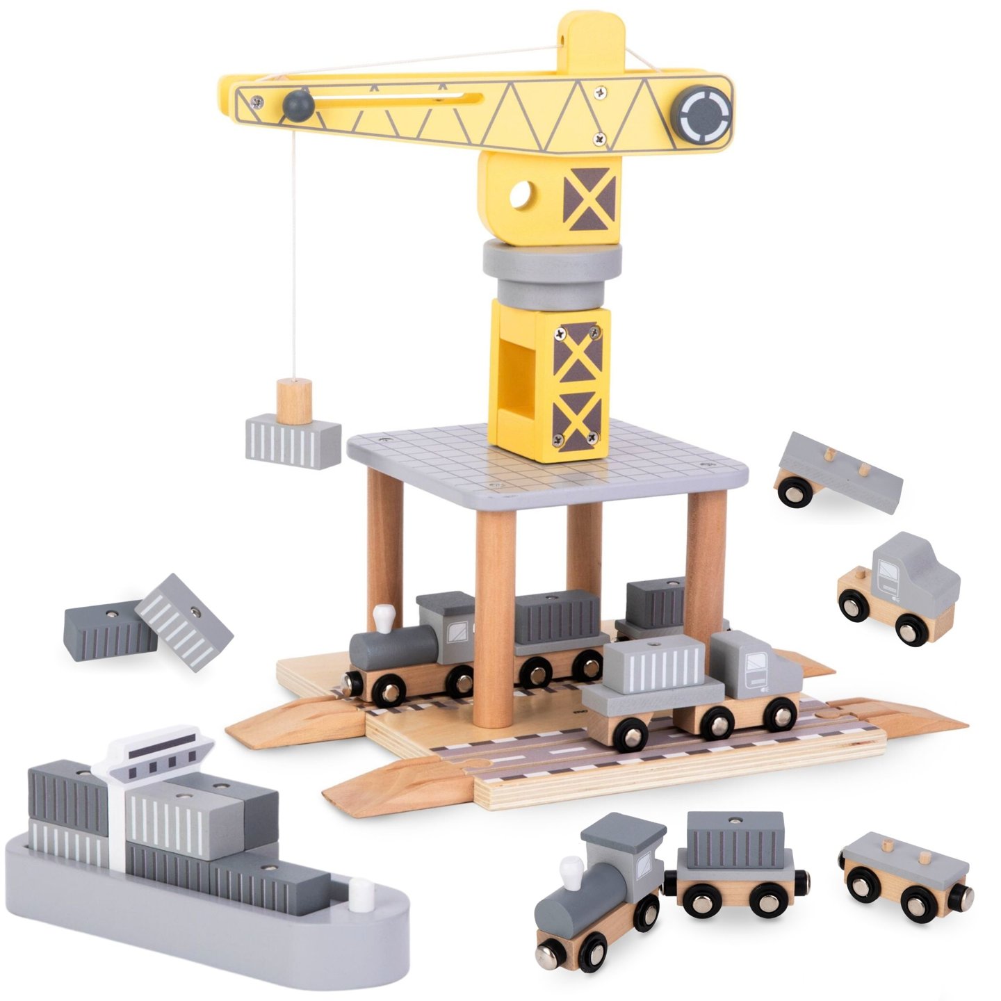 Mobile harbor crane with magnetic winch and accessories - wooden set