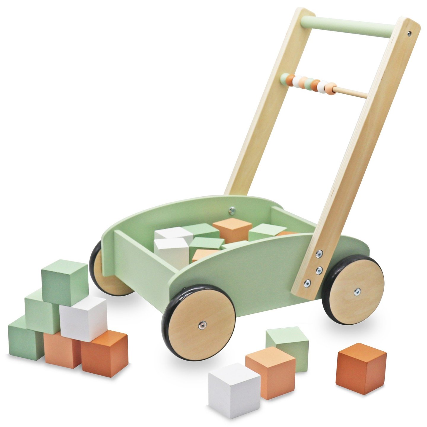 Wooden walker - pusher - cart with abacus and blocks 20 pcs.